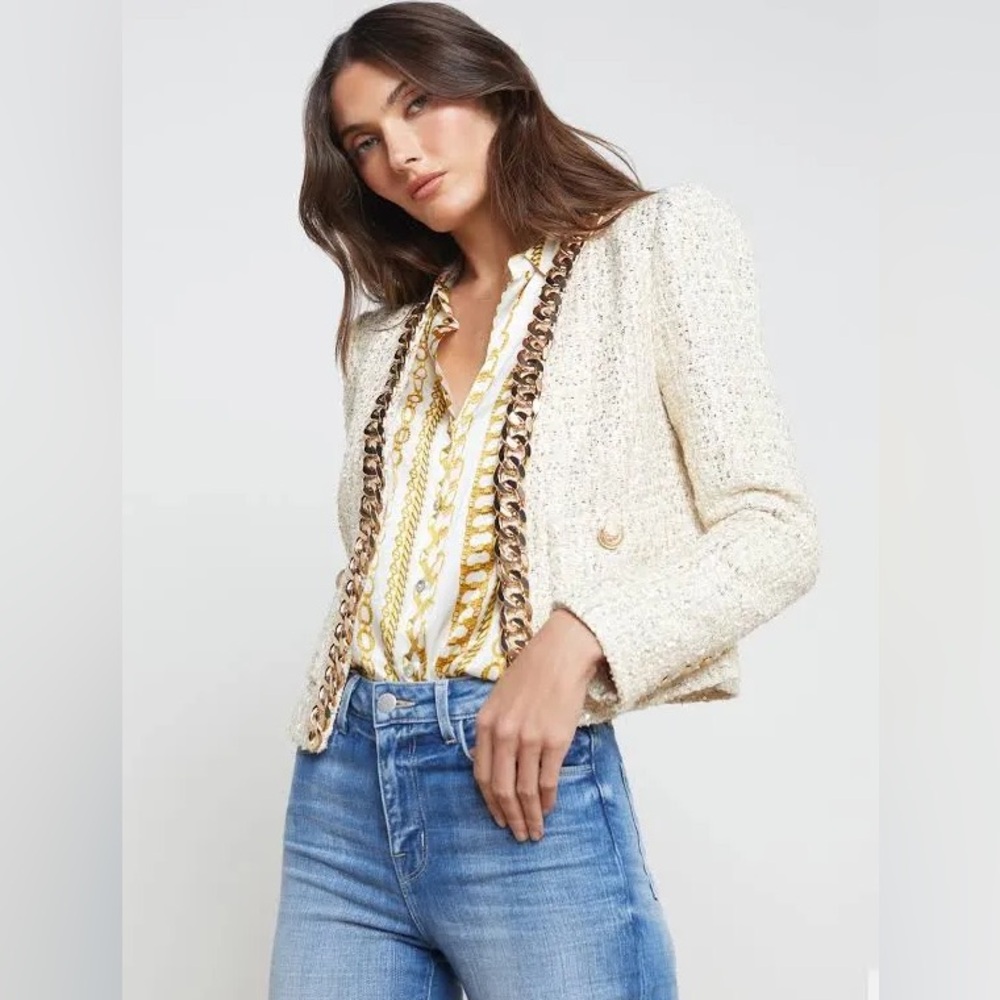L'AGENCE Greta Champagne Gold Tweed Jacket with Gold Chain Trim Size 2
